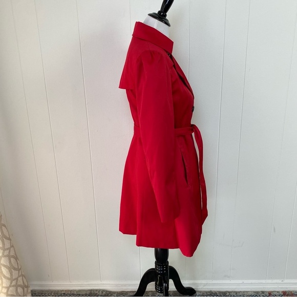 H&M Trench Coat Womens Sz 4 Cherry Red Double Breasted Jacket Tie Waist Flared - Picture 4 of 16